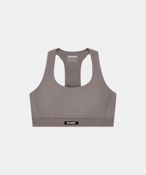 Women's Striped Cadence™ Scoop Neck T-Back Run Bra - Concrete Taupe / Cocoa