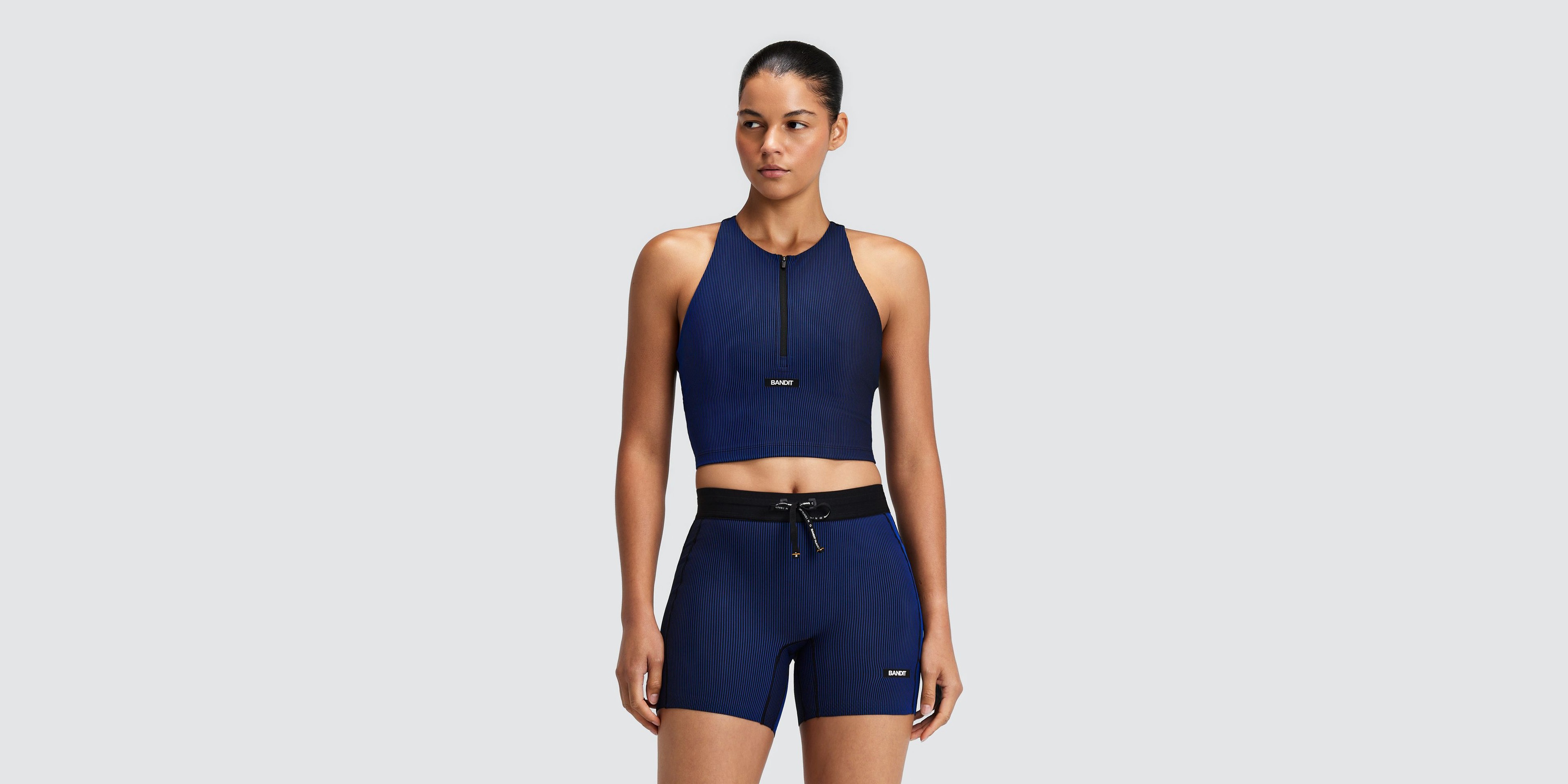 Women's Striped Cadence™ Zip Front T-Back Race Crop - Black / Bauhaus Blue
