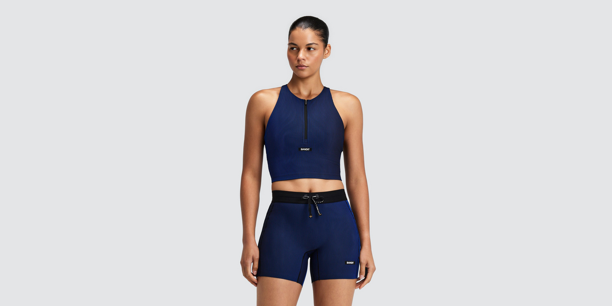 Women's Striped Cadence™ Zip Front T-Back Race Crop - Black / Bauhaus Blue