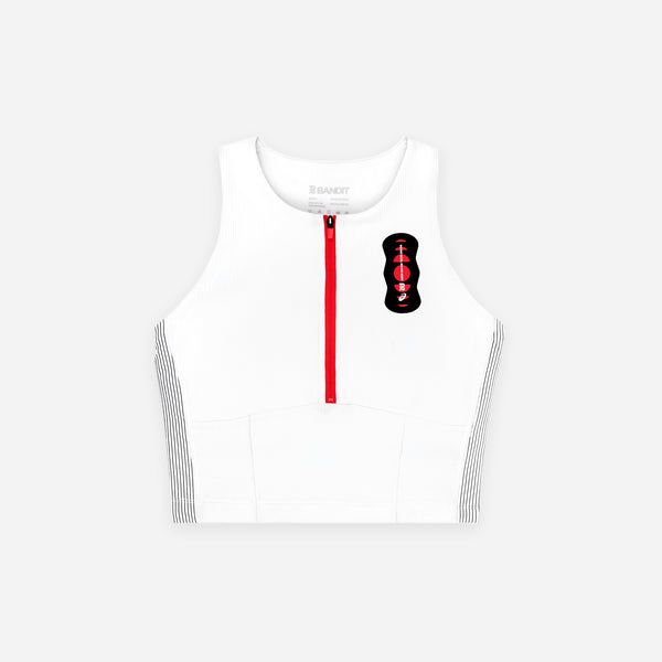 Cadence Stripe™ Zip Front Race Crop, White with Black - Bandit x ASICS