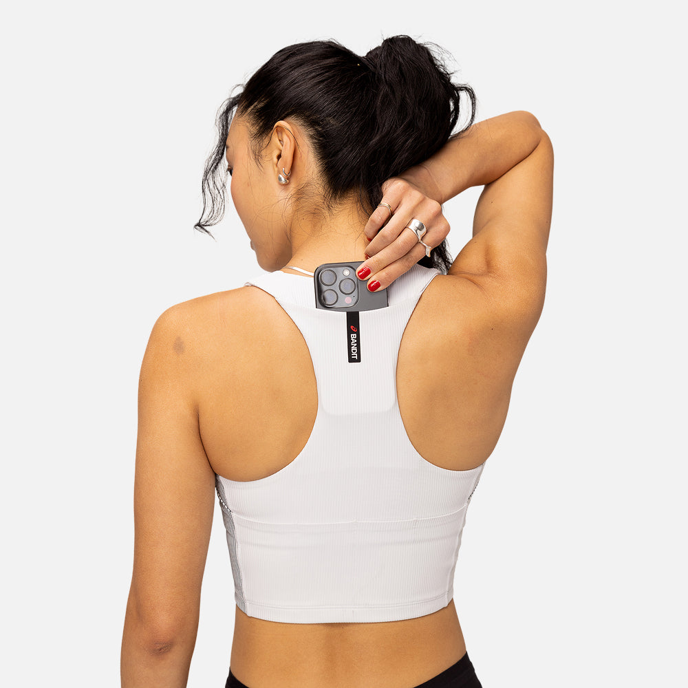 Cadence Stripe™ Zip Front Race Crop, White with Black - Bandit x ASICS