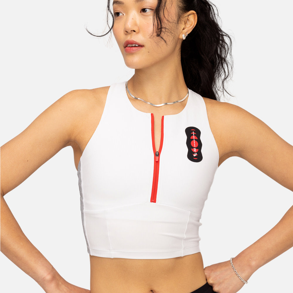 Cadence Stripe™ Zip Front Race Crop, White with Black - Bandit x ASICS