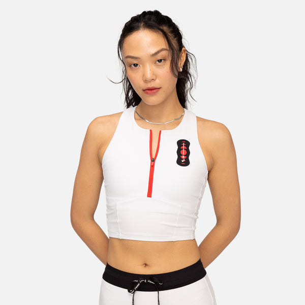 Cadence Stripe™ Zip Front Race Crop, White with Black - Bandit x ASICS