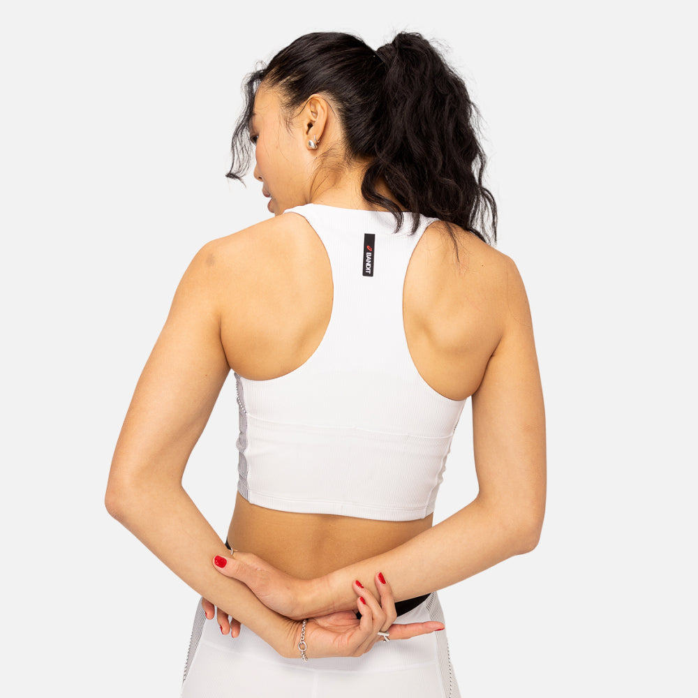 Cadence Stripe™ Zip Front Race Crop, White with Black - Bandit x ASICS