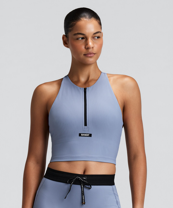 Women's Striped Cadence™ Zip Front T-Back Race Crop - Steel Horizon / Pavilion Blue