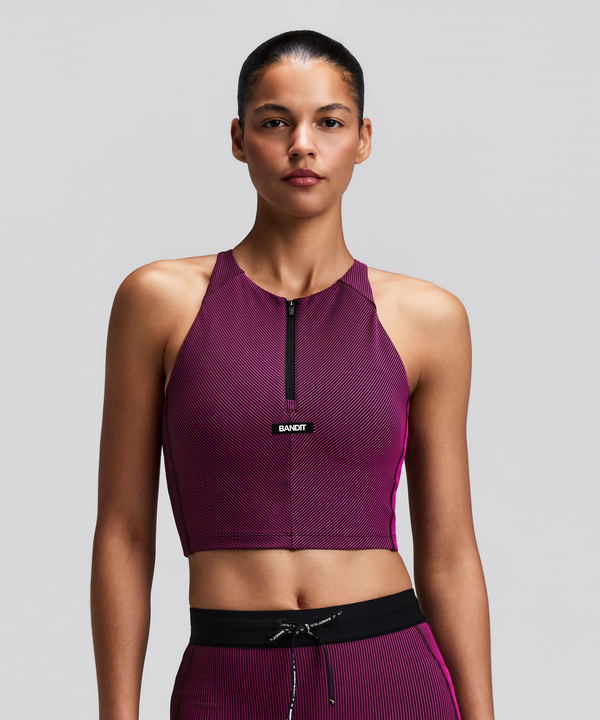 Women's Striped Cadence™ Zip Front Race Crop - Espresso / Azalea