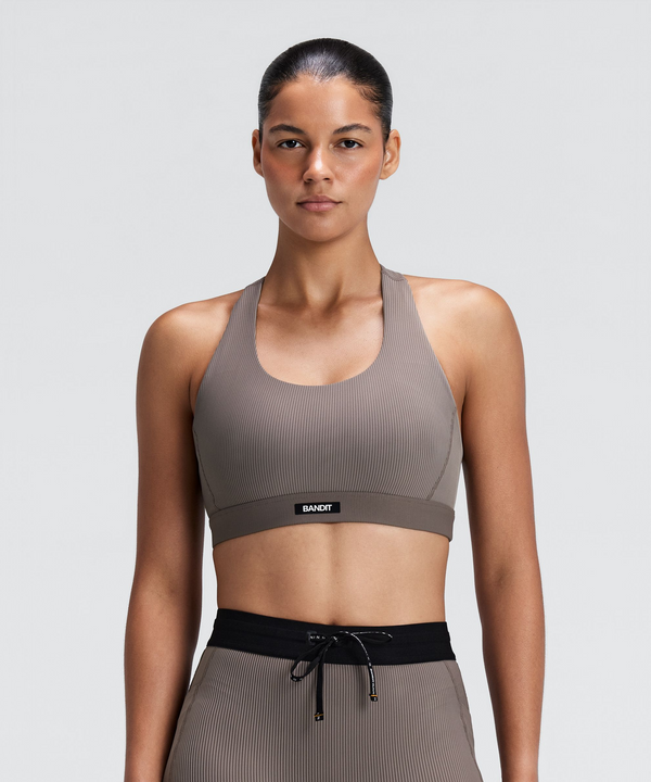 Women's Striped Cadence™ Scoop Neck T-Back Run Bra - Concrete Taupe / Cocoa