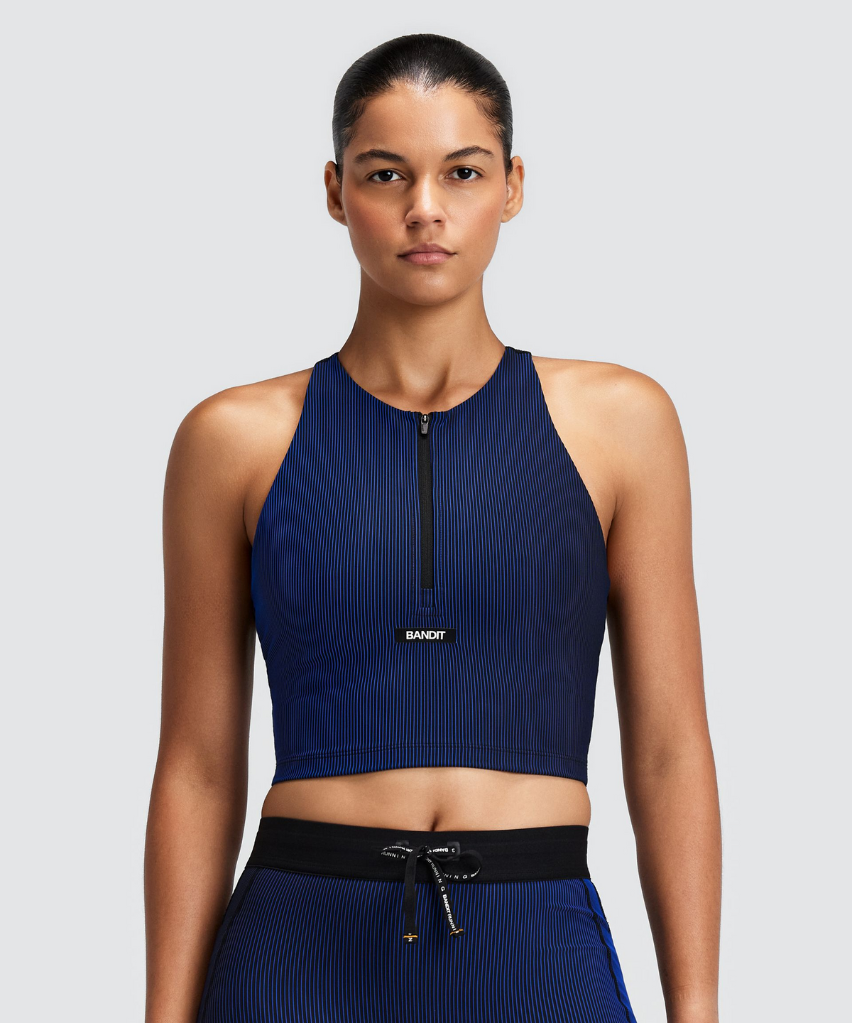Women's Striped Cadence™ Zip Front T-Back Race Crop - Black / Bauhaus Blue