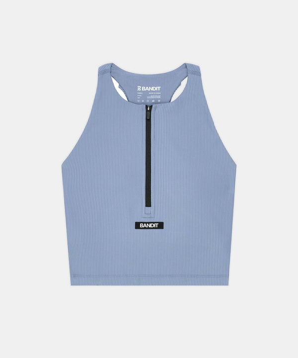 Women's Striped Cadence™ Zip Front T-Back Race Crop - Steel Horizon / Pavilion Blue