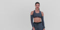 Thumbnail of Striped Cadence™ Scoop Neck Run Bra - Fig / Vintage Blue
