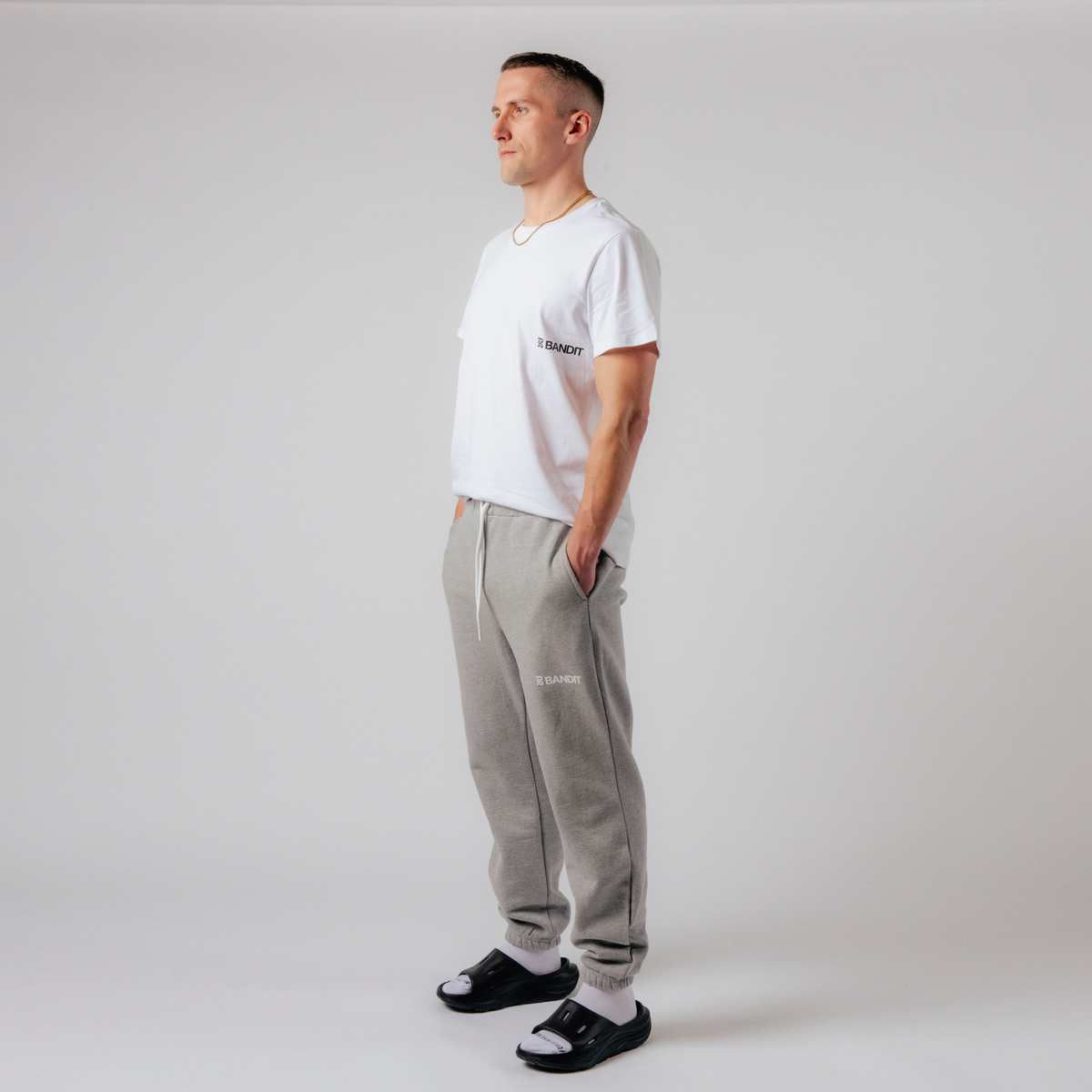 White t shirt grey sweatpants hot sale